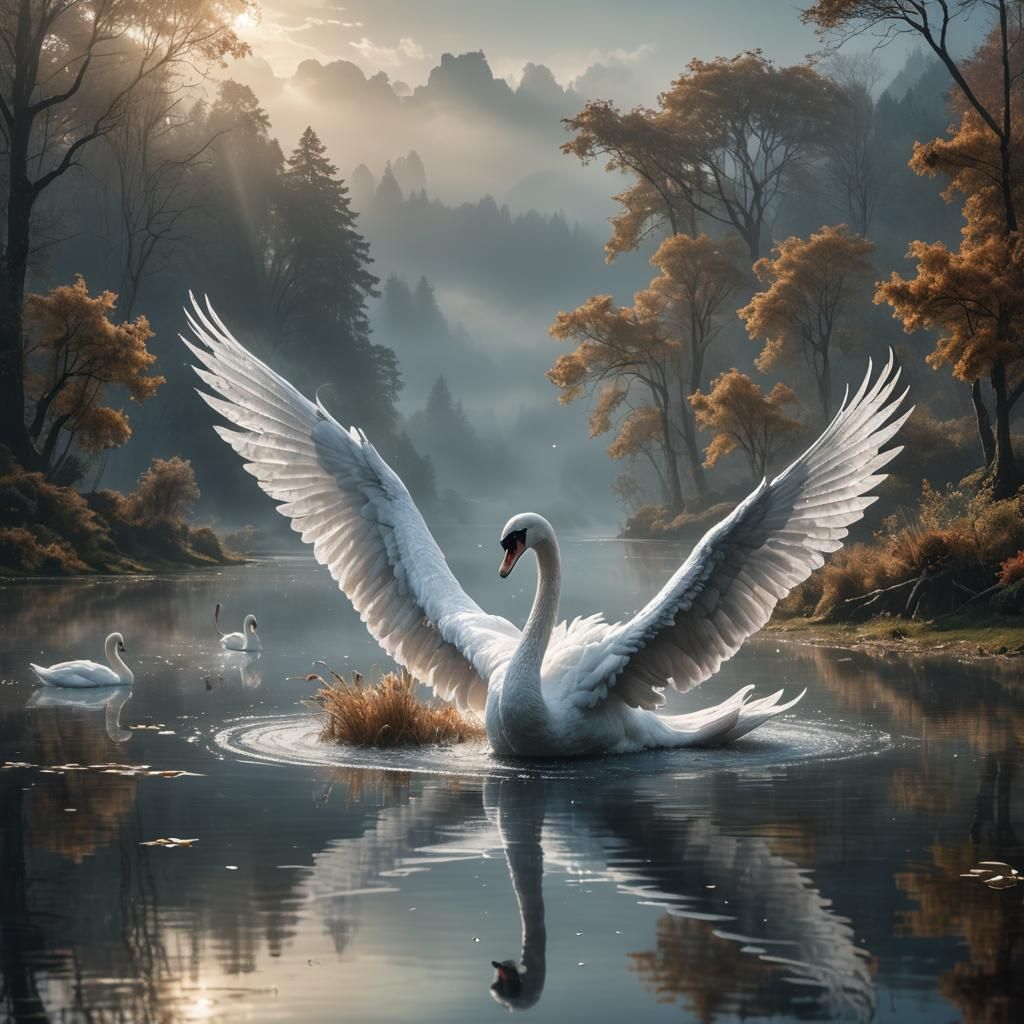 crystal swan raising up to fly from a lake on an early misty morning Epic cinematic brilliant stunning ...  by @Tinu