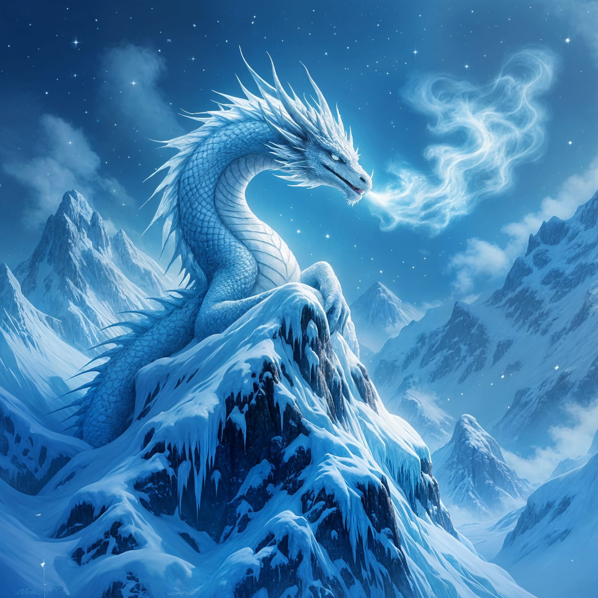 A majestic ice dragon coiled around a frozen crystalline mountain peak, its scales shimmering with captured starlight. Snowflakes dance arou...