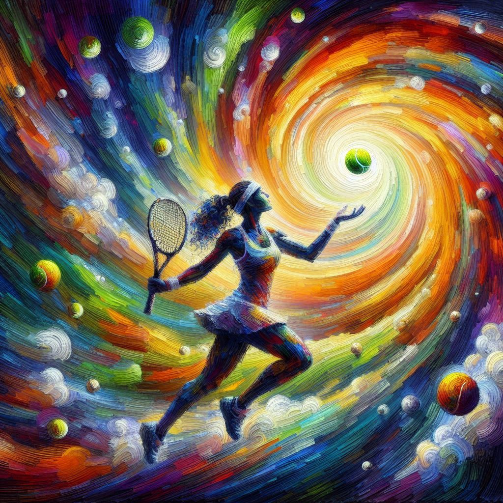 Tennis player serving vortex radiating ball