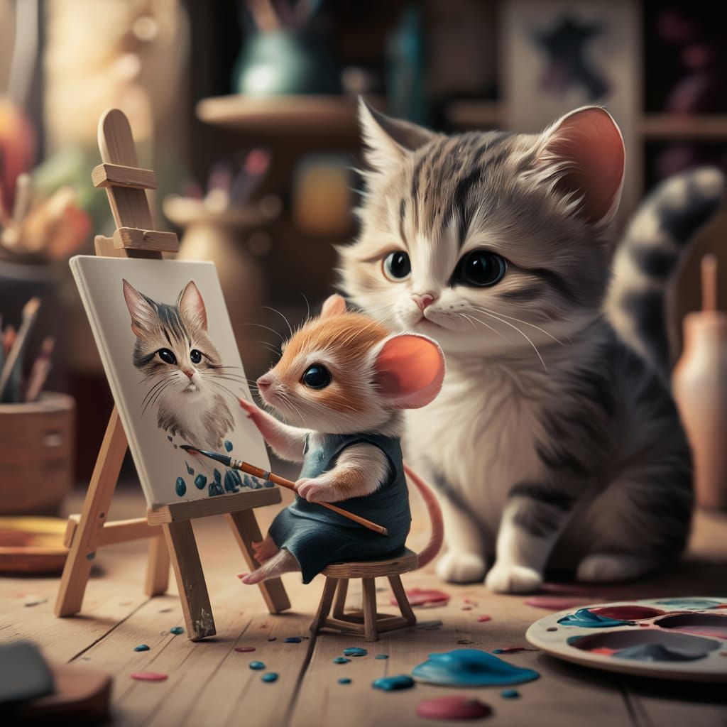 Chibi mouse painting a cat