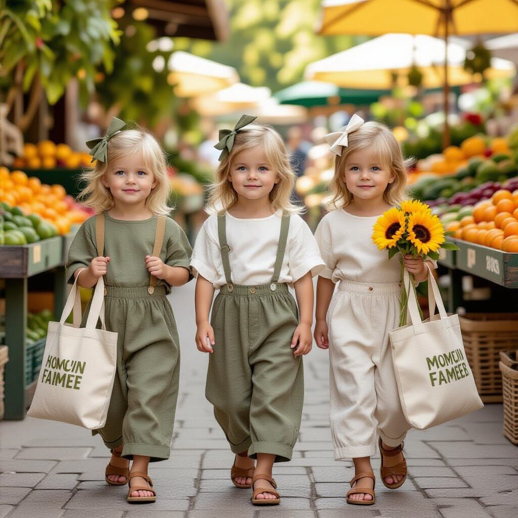 Golden-Haired Triplets at Farmers Market in Candid Style