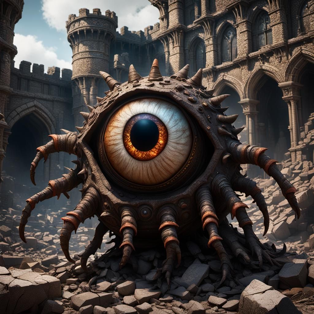 photorealistic. D&D Beholder eye monster. Floating. 10 eyestalks ...