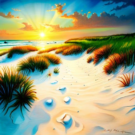 white sand beach at sunrise emerald green waters dunes with ...