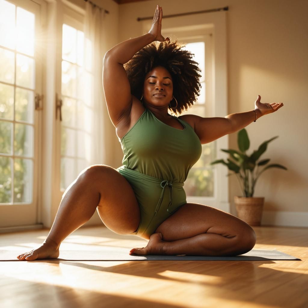 Black woman doing yoga and contortions in a warm setting