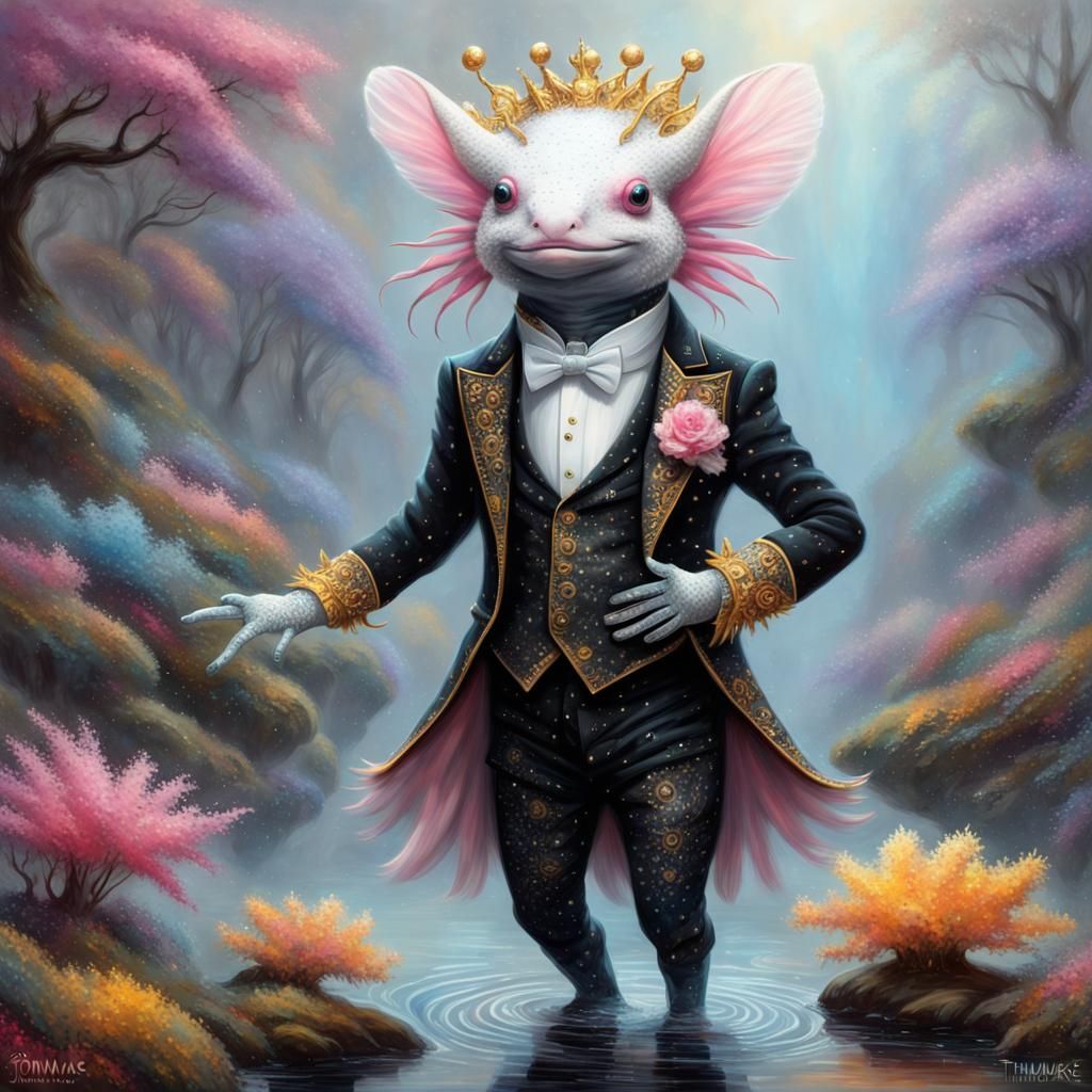 Anthropomorphic Axolotl Dancing at a Ball