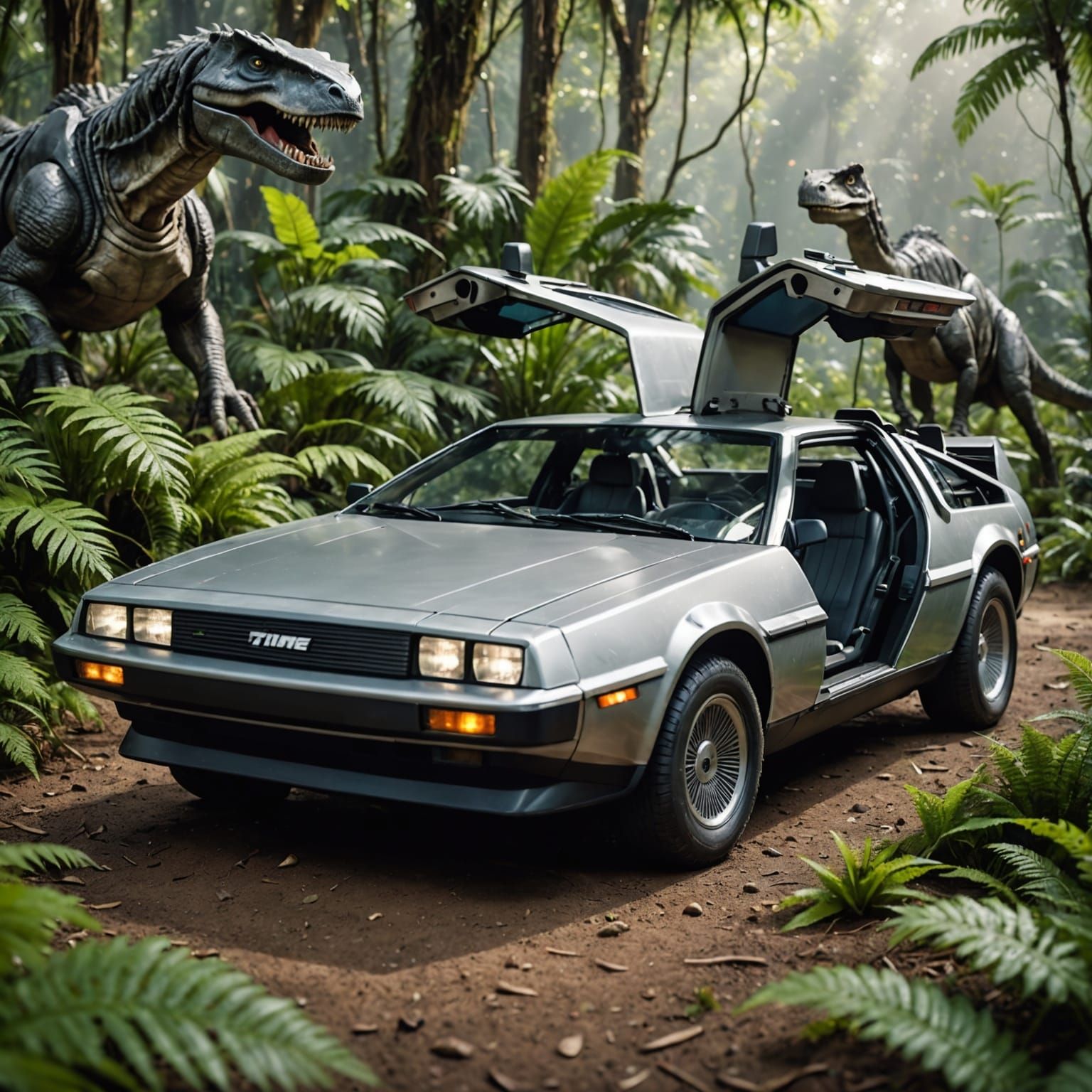 For the "Time Travel" challenge: A sleek, silver time-traveling DeLorean materializes in the middle of ...  by @J_R_Tokin