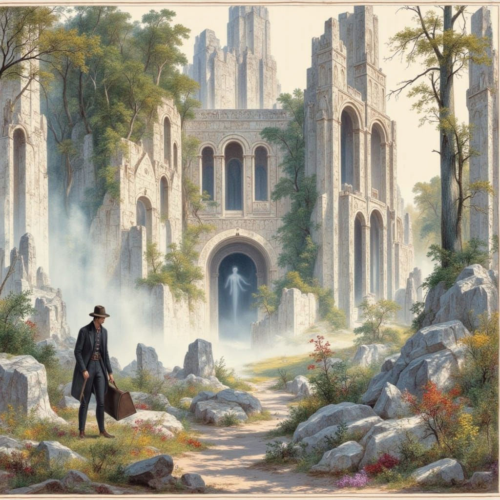 <lora:Hudson River v2:1.2> An abandoned and overgrown elven city in a forest, desolate and ruined, with pale, translucent ghosts of its form...