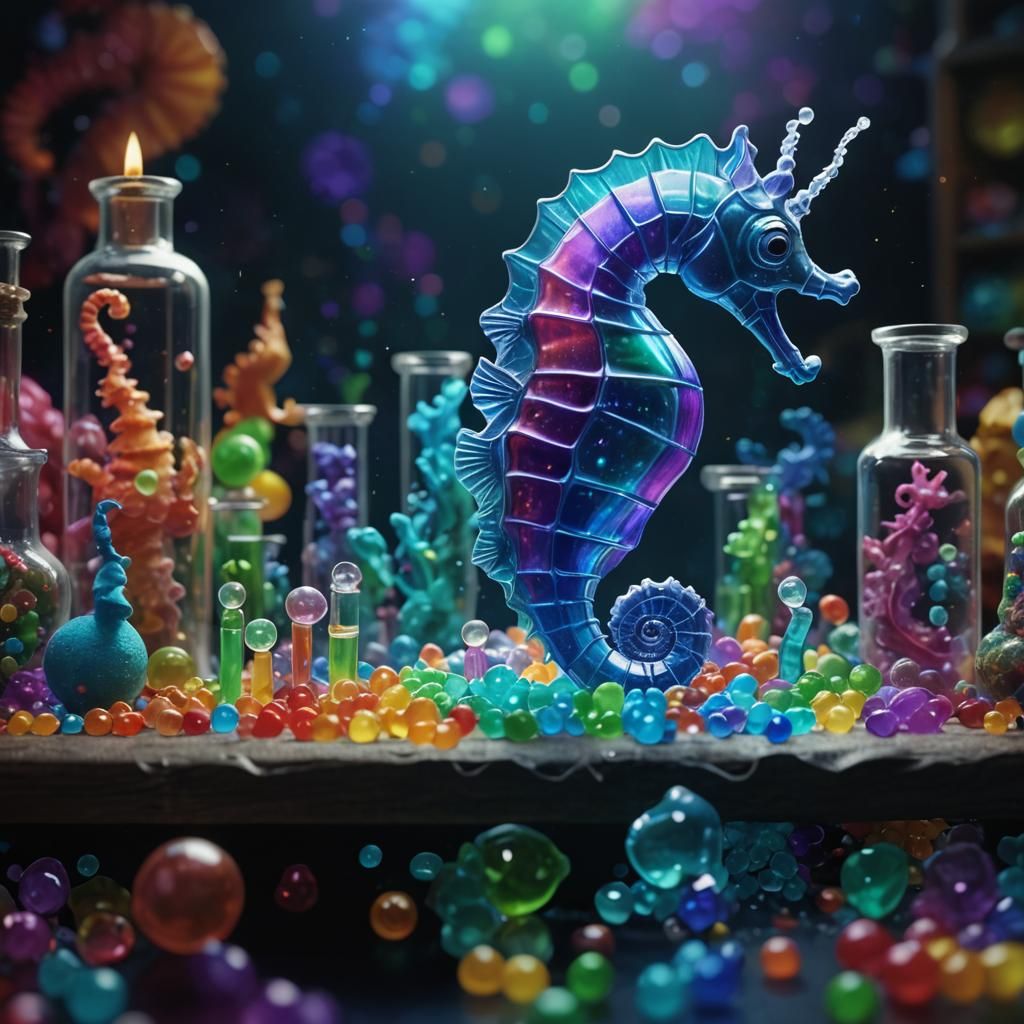 Rainbow glass vials with seahorse eating gumdrops at children’s science laboratory.