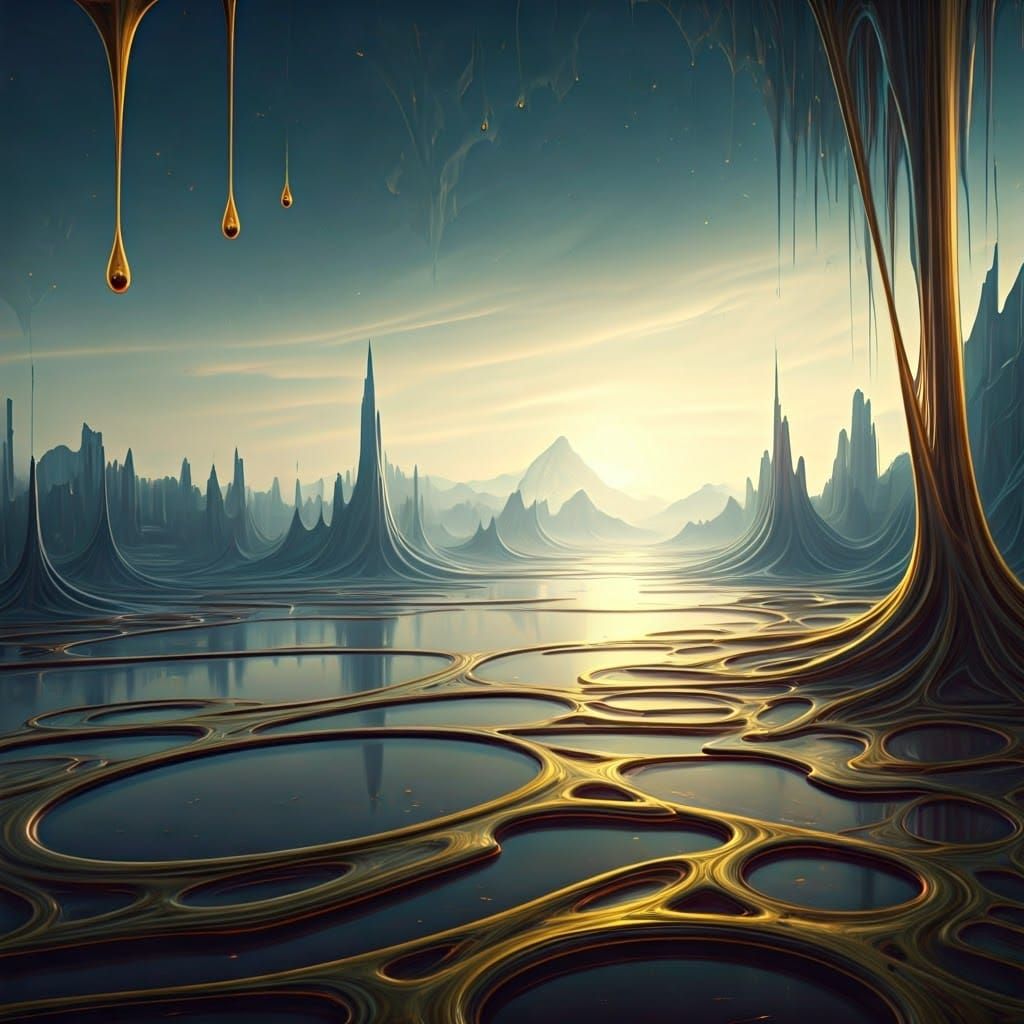 Surreal Landscape with Melting Oil and Dreamlike Air