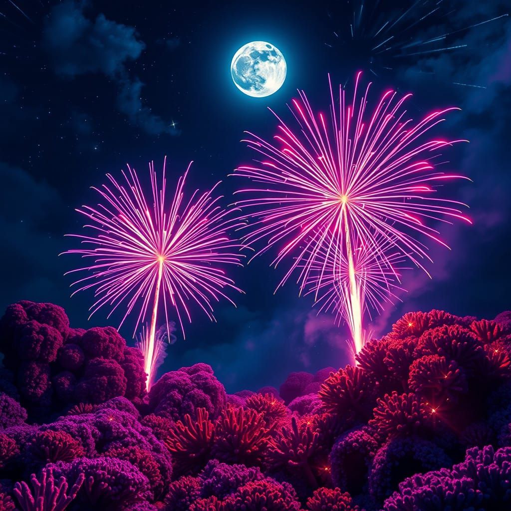Surreal Nighttime Coral Reef Scene with Electric Fireworks u...