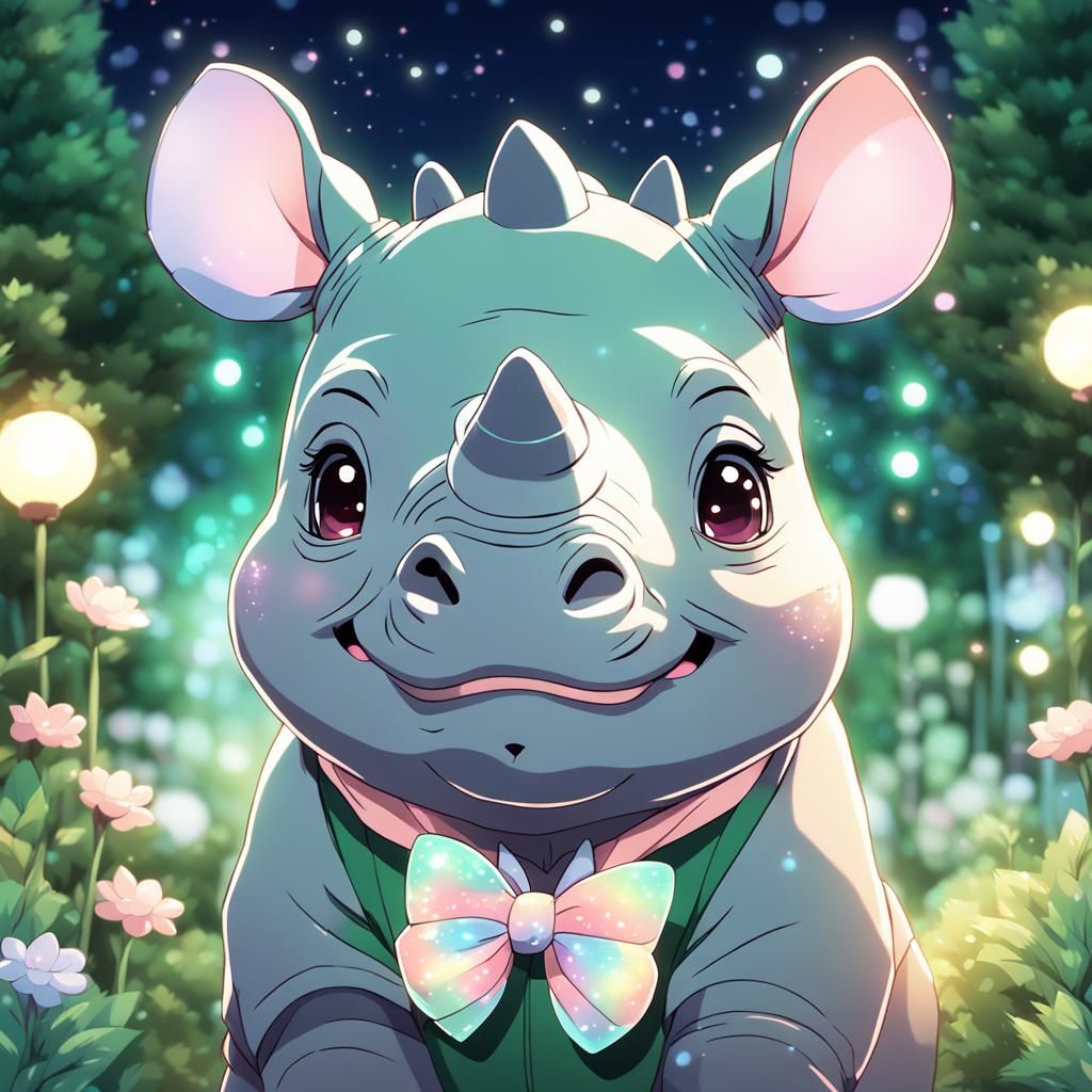 Kawaii Rhino in Pastel Anime Key Visual Style