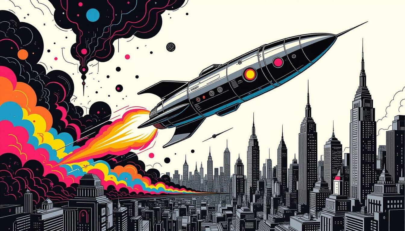 Retro Rocket Launch from Metropolis in Basquiat Style