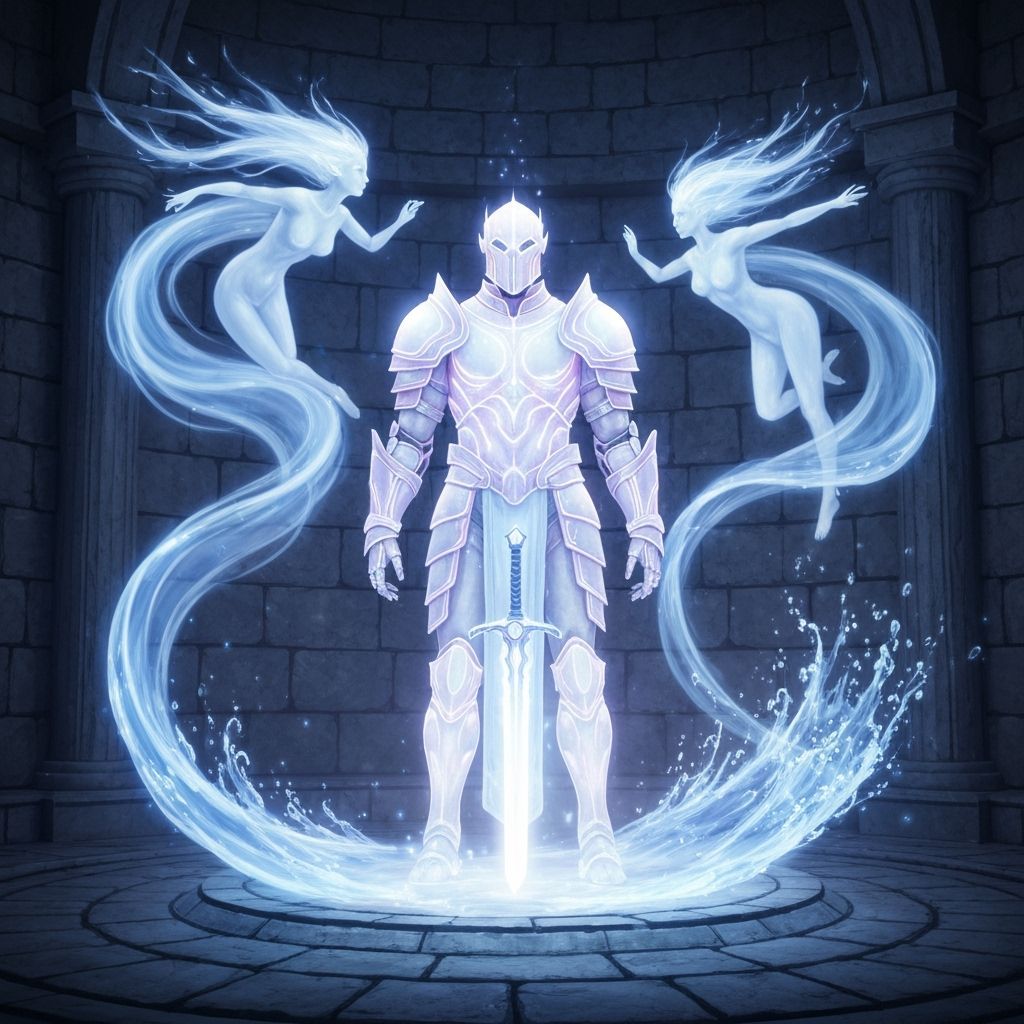 a suit of armour where each plate is made of opalescent light, standing at the center of a stone room. Wind and water spirits swirl around t...