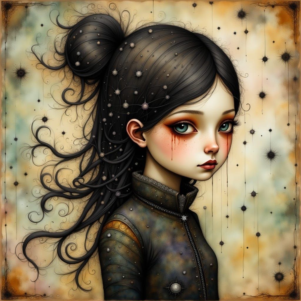 <lora:Liquid Ink Flux:1.0> A pouty goth punk girl in art brut style, art by Greg Simkins, Shaun Tan and Benjamin Lacombe, moody but cute, mi...