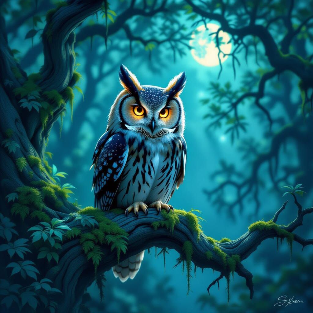 Mystical Owl in Enchanted Forest Moonlight