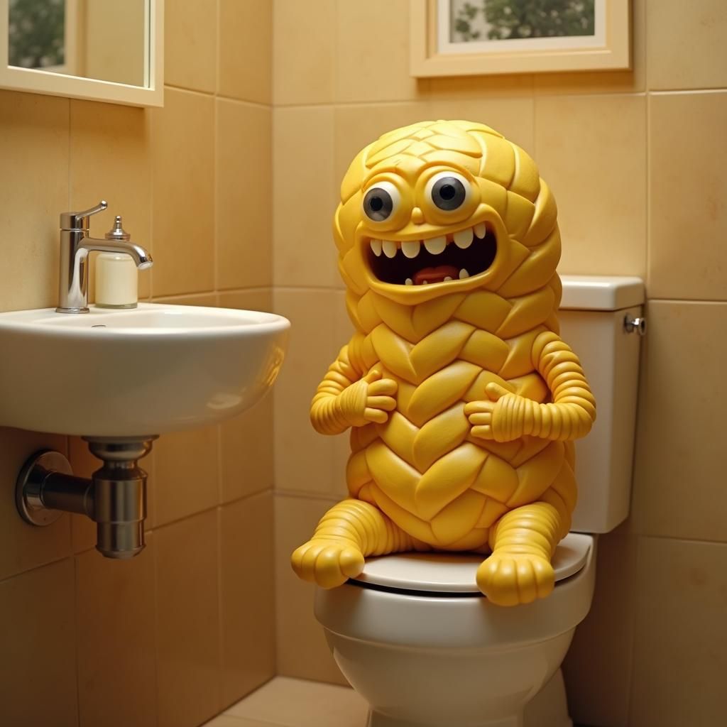 A braided cheese with a face sits on a toilet in a bathroom. It has a distressed expression, as if suffering from indigestion. The bathroom...