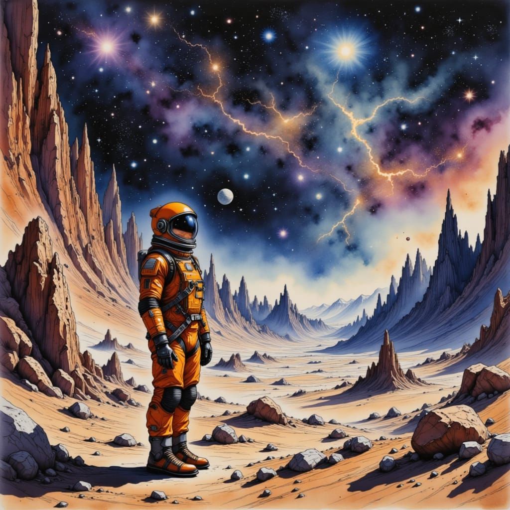 A lone spaceman, clad in a retro-futuristic suit, stands on a desolate alien planet, gazing up at a sky filled with swirling nebulae and dis...