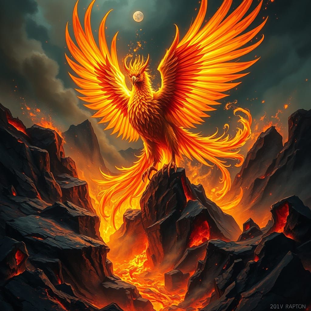 A majestic phoenix rising from a volcanic crater, its feathers ablaze with molten gold and crimson. The ...  by @Richard Gian