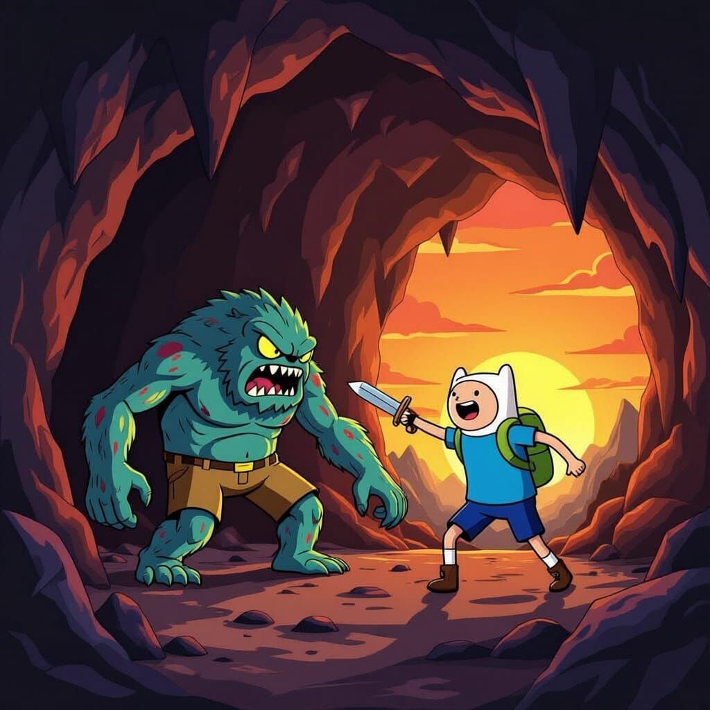 Finn from Adventure time. Finn fighting a monster. in a cave. at sunset!!!!!!!!!