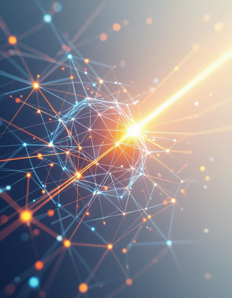 Minimalist and striking digital illustration of artificial intelligence — abstract network of geometric nodes connected by glowing lines, wi...