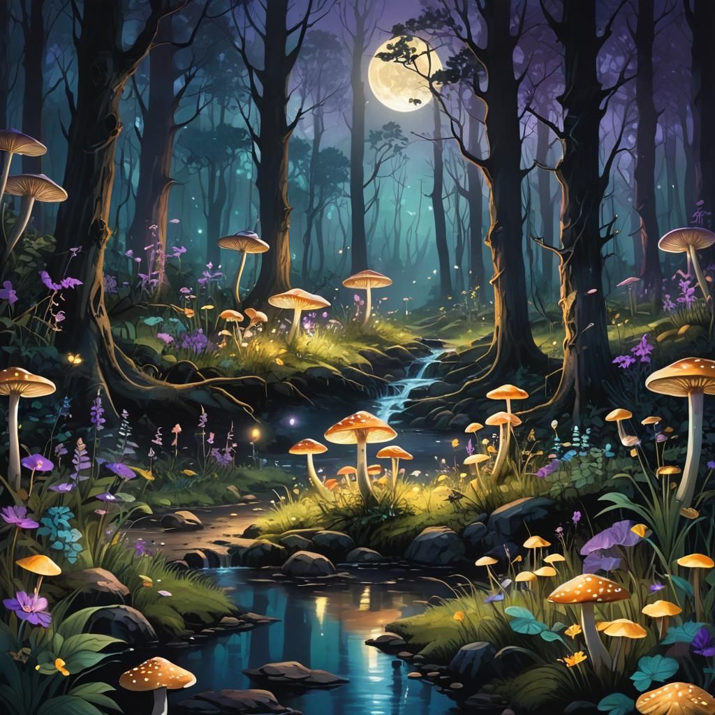 Create dark magical woodland scene. Night time. Mostly purpl...