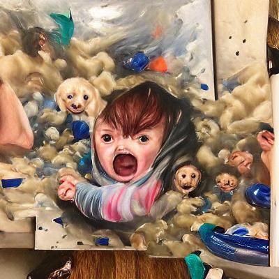Surreal painting of an extremely terrified baby surrounded b...