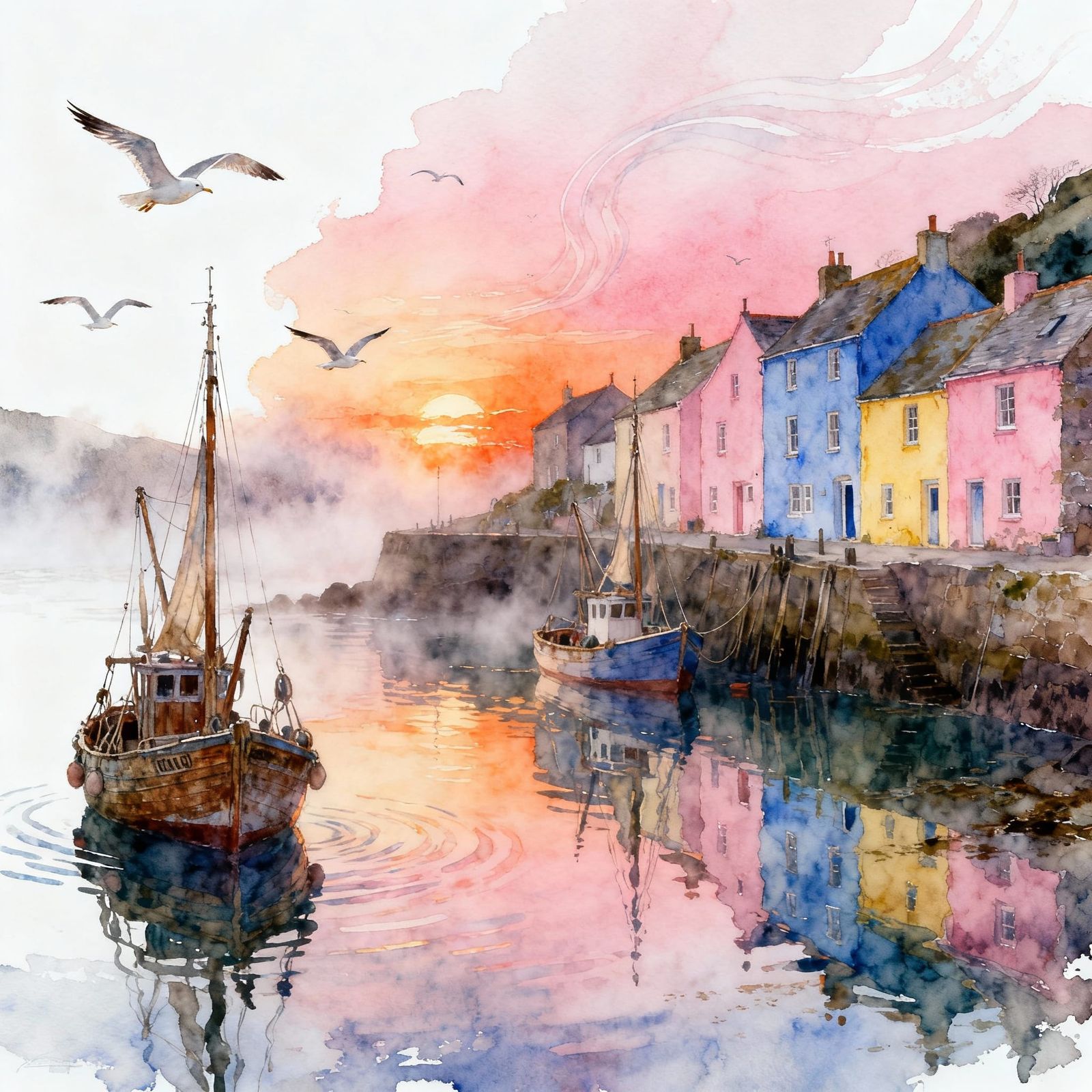 Cornish Harbour at Dawn Watercolor Painting