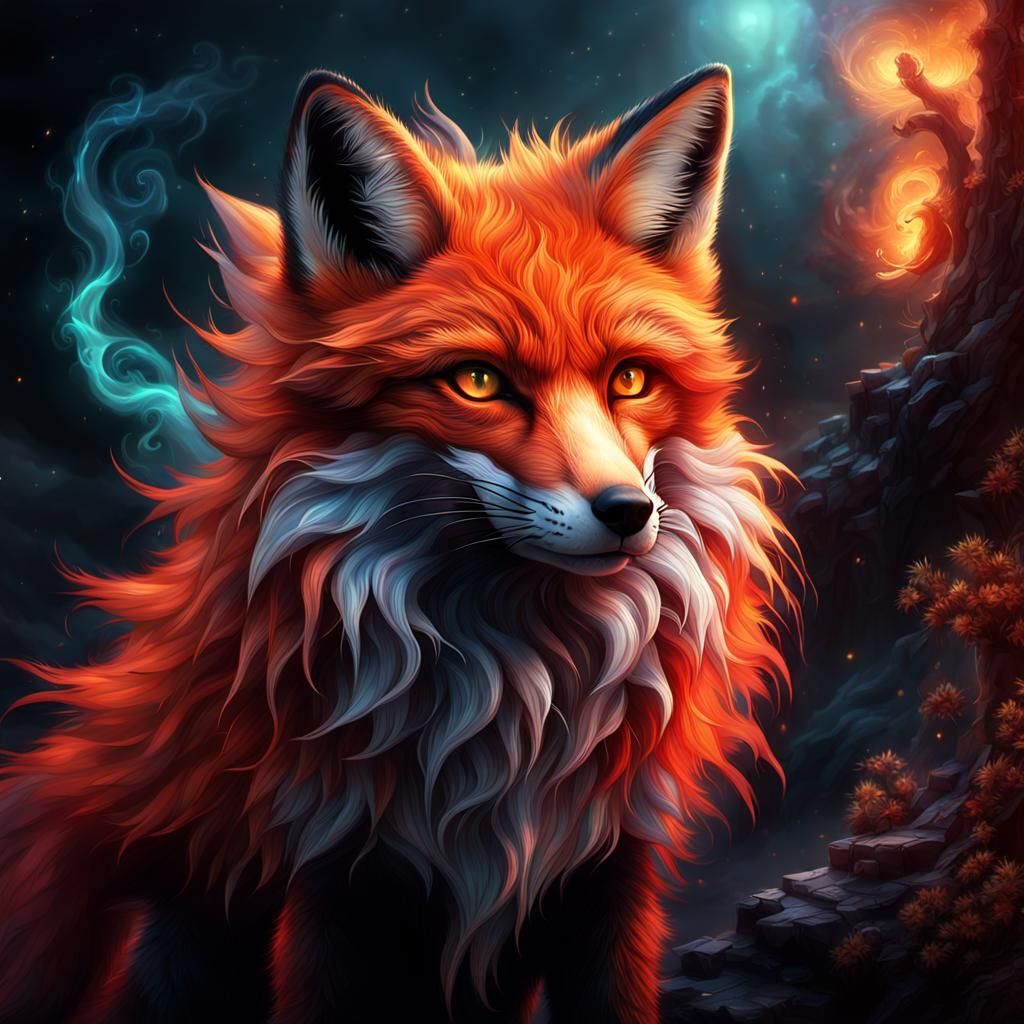 A spectral red fox with fur like wisps of smoke and eyes tha...