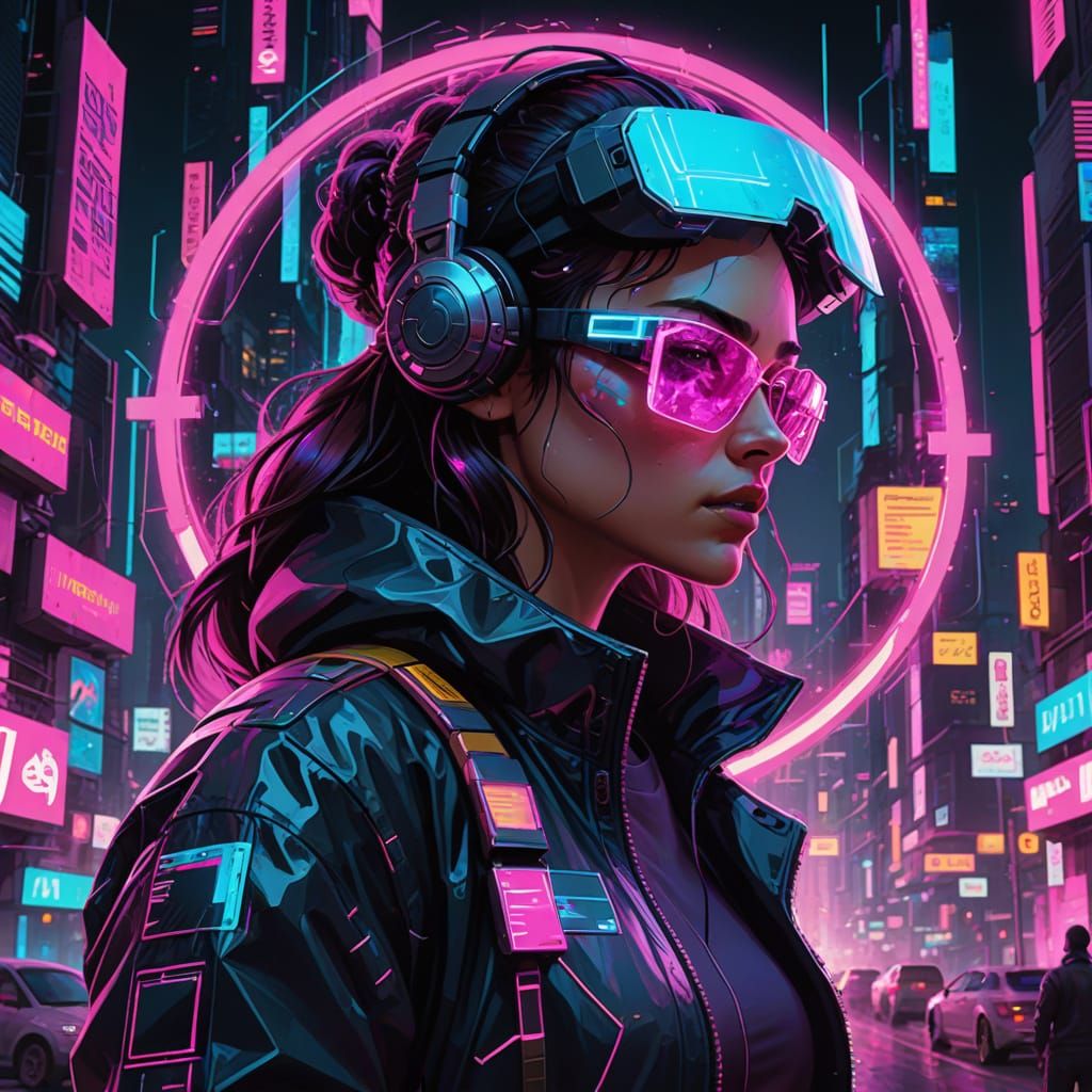 Glitch art. A cyberpunk scientist analyzing a shimmering portal to another dimension, with distorted digital artifacts and neon city lights ...