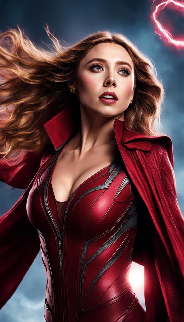 elizabeth olsen as the scarlet witch, floating in the air as...