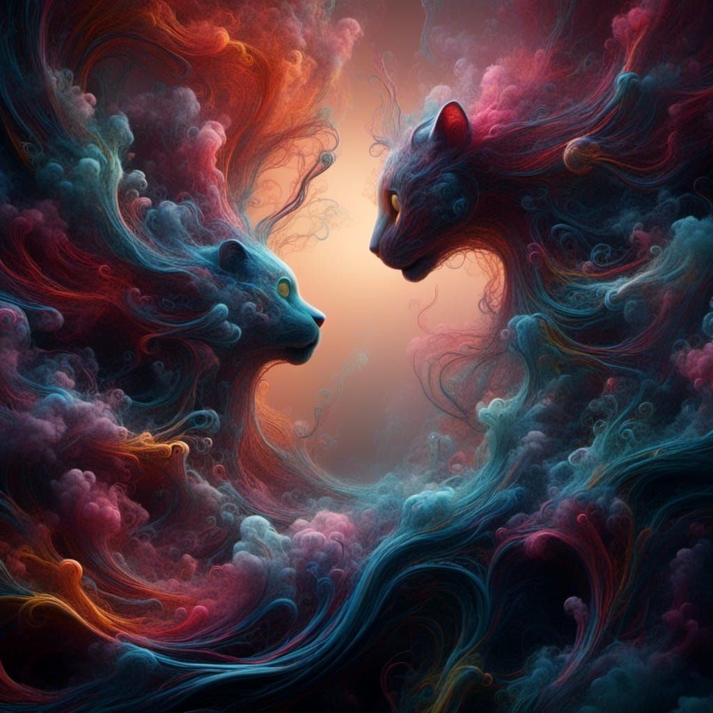 <lora:Quantum Entanglement:1.0> a lake of colorful non-newtonian fluids, vibrations causing the fluid ...  by @D Rivers