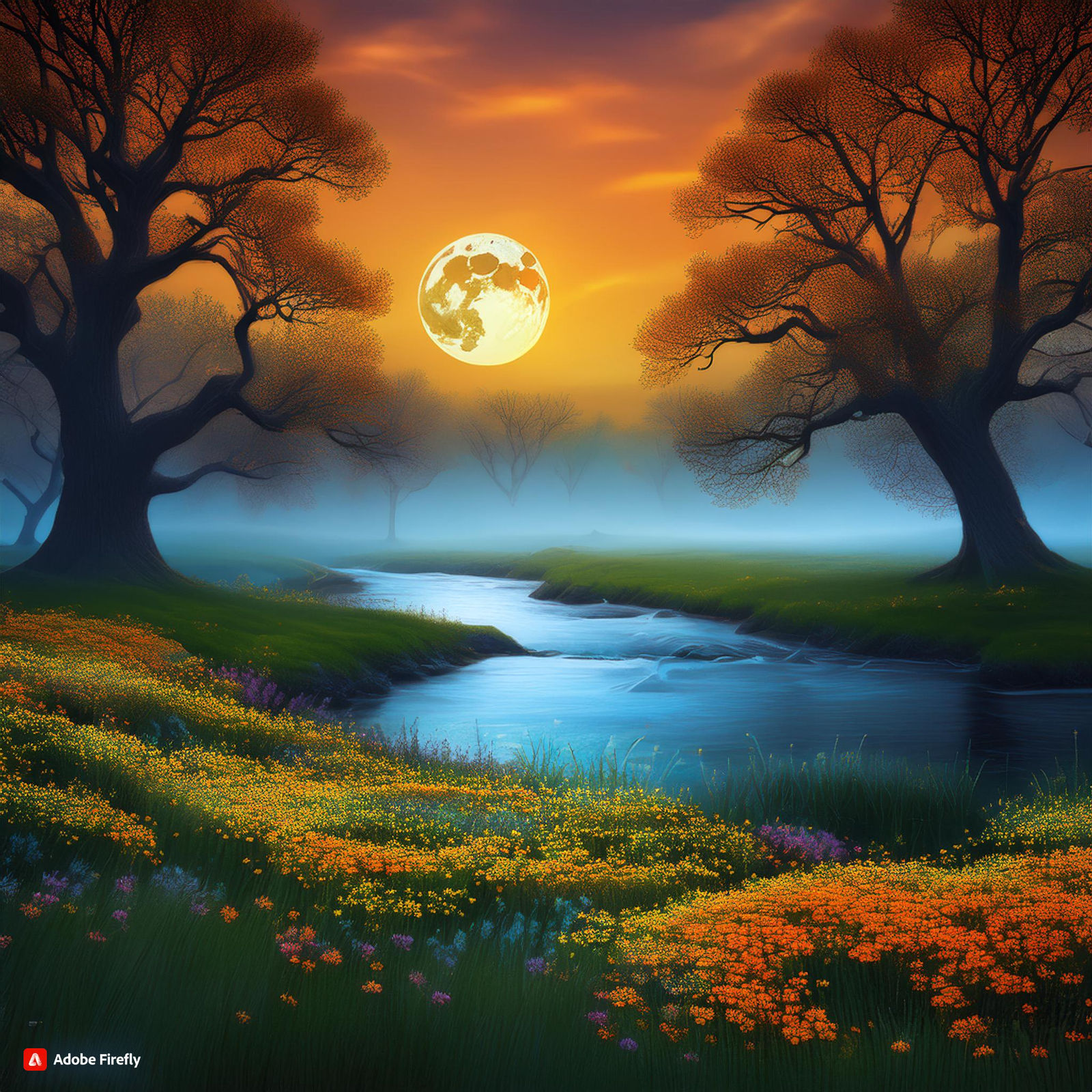 Large oak trees line the flowing  river