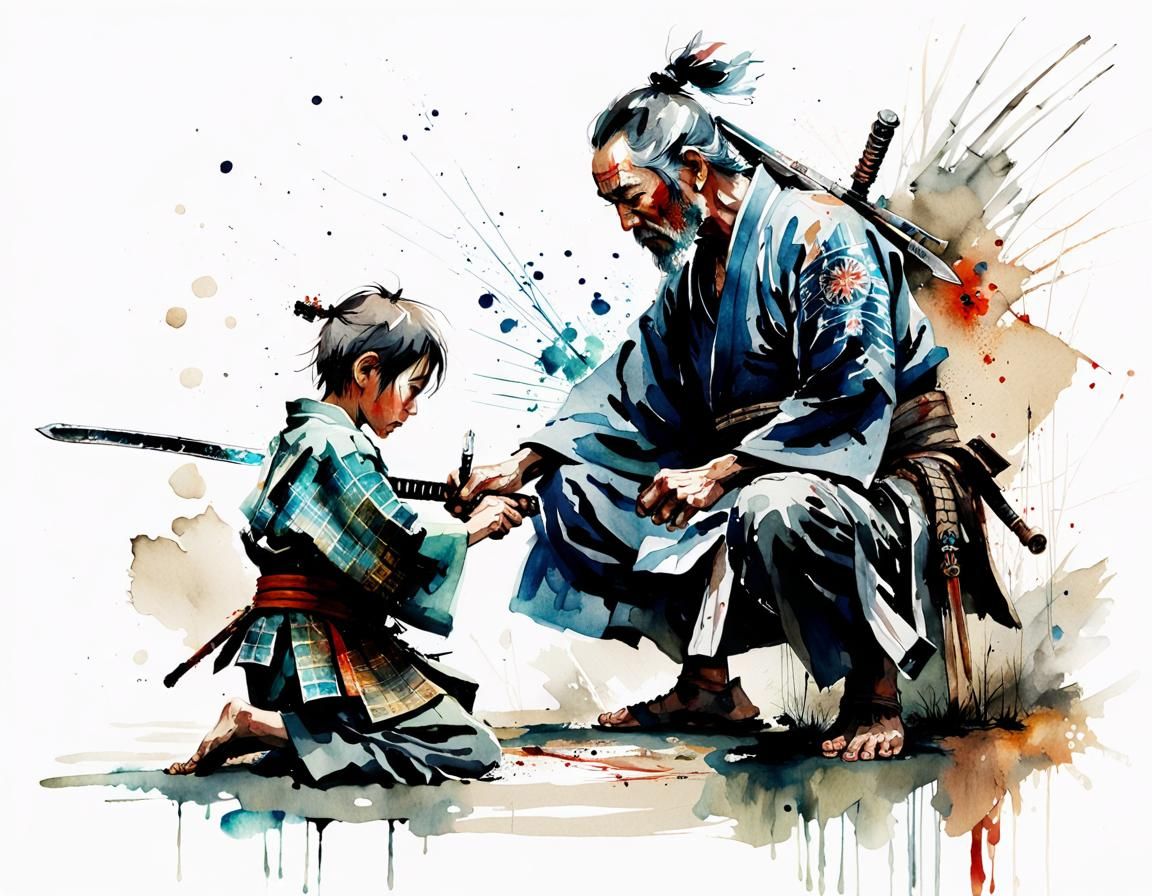 watercolor art of an old samurai handing a sword to a younger boy kneeling by JB Waterhouse Carne Griffiths ...  by @Kindly Offer