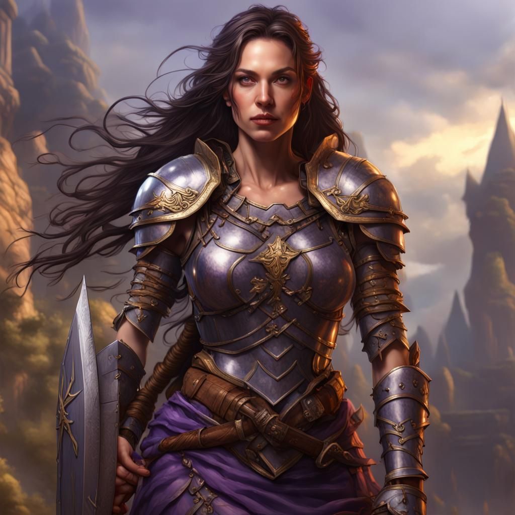 Beautiful perfect woman in armor with a shield and long dark hair in a ...