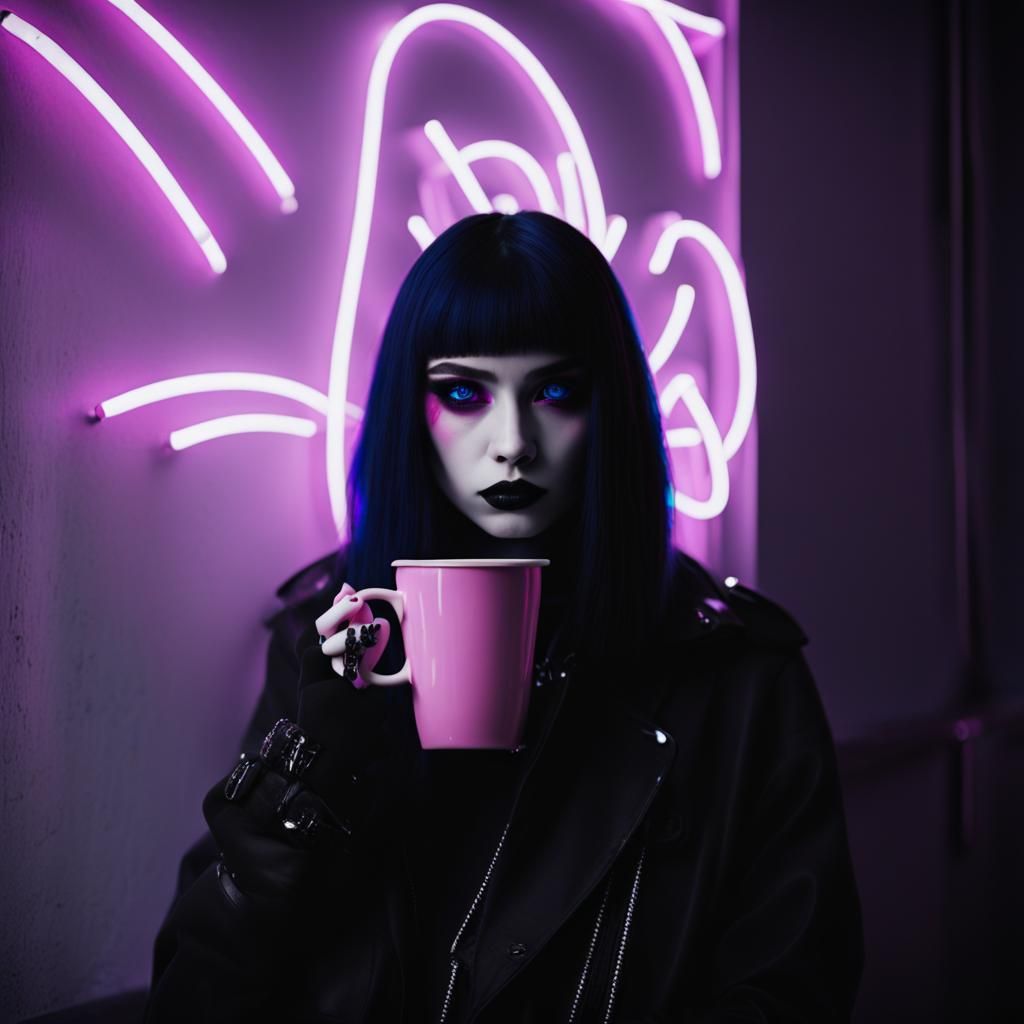 goth coffee shop. goth fashion model. intense pink neon ligh...