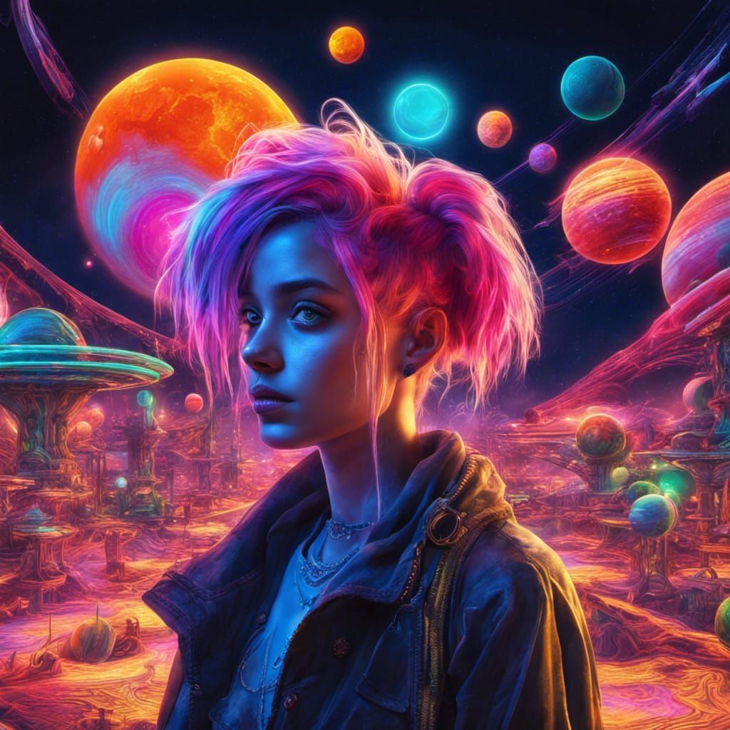 Psychedelic Girl with Neon Hair and Planets