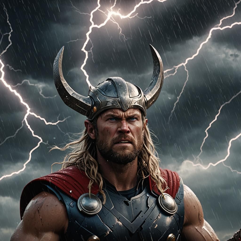 8k thor focused with hammer looking up and angry 3d dark sky...