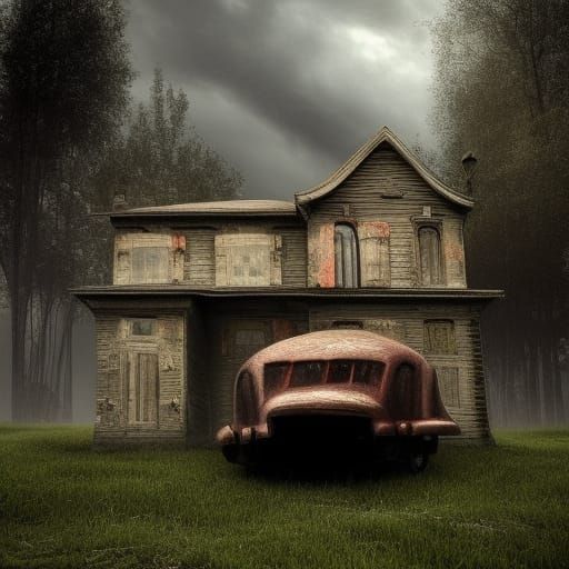 Weird house with a strange car parked in front of it on a da...