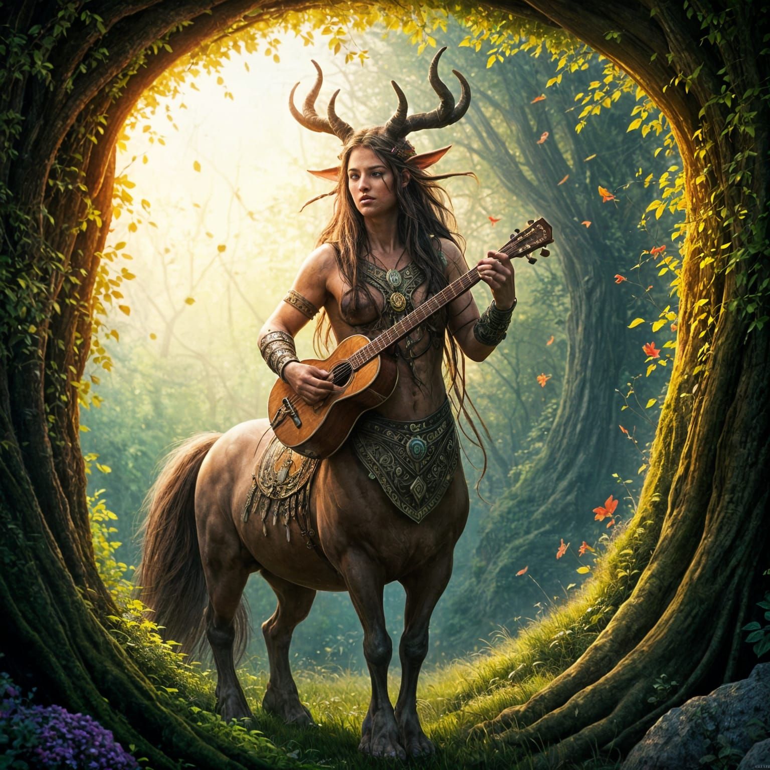 A peaceful scene featuring a centaur playing a musical instrument or interacting with nature.  by @jnatas
