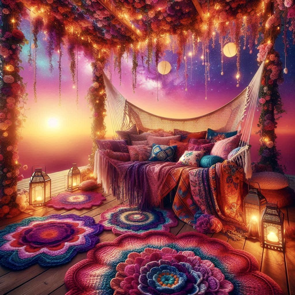 Sunset Sanctuary of Starlit Petals  A boho dreamscape hammoc...