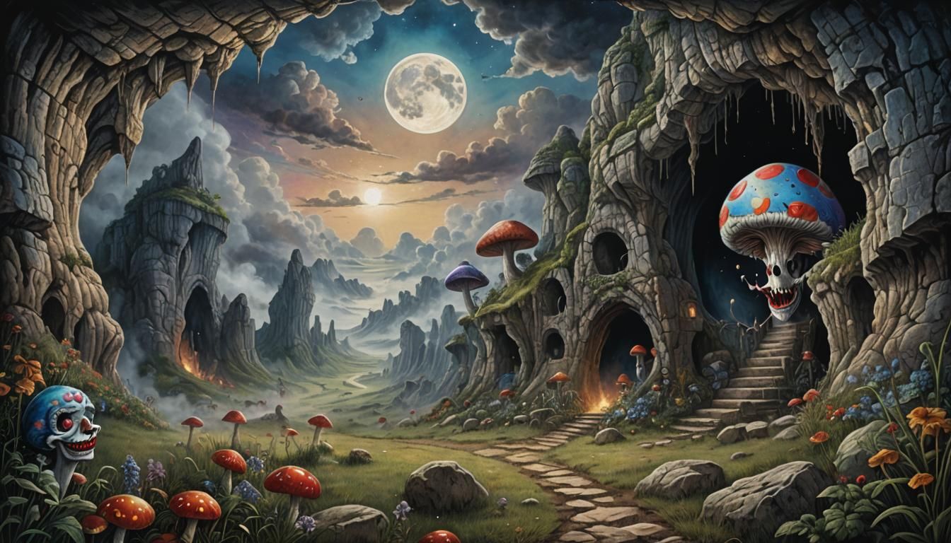 happy clown mouth cave opening: full eye moon, volumetric cl...