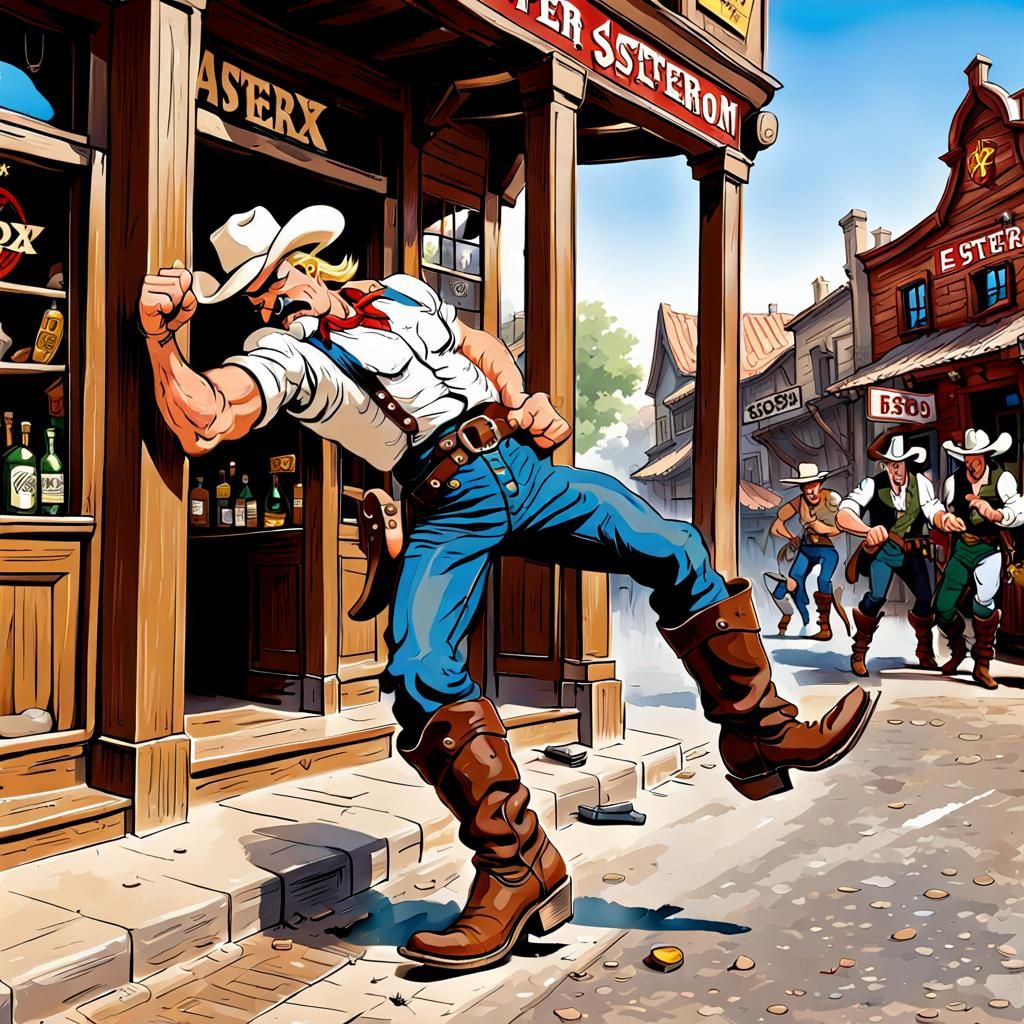 Drunken cowboy being literally kicked out of a western saloo...