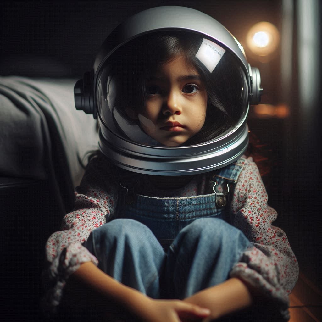 A young girl wearing a space helmet