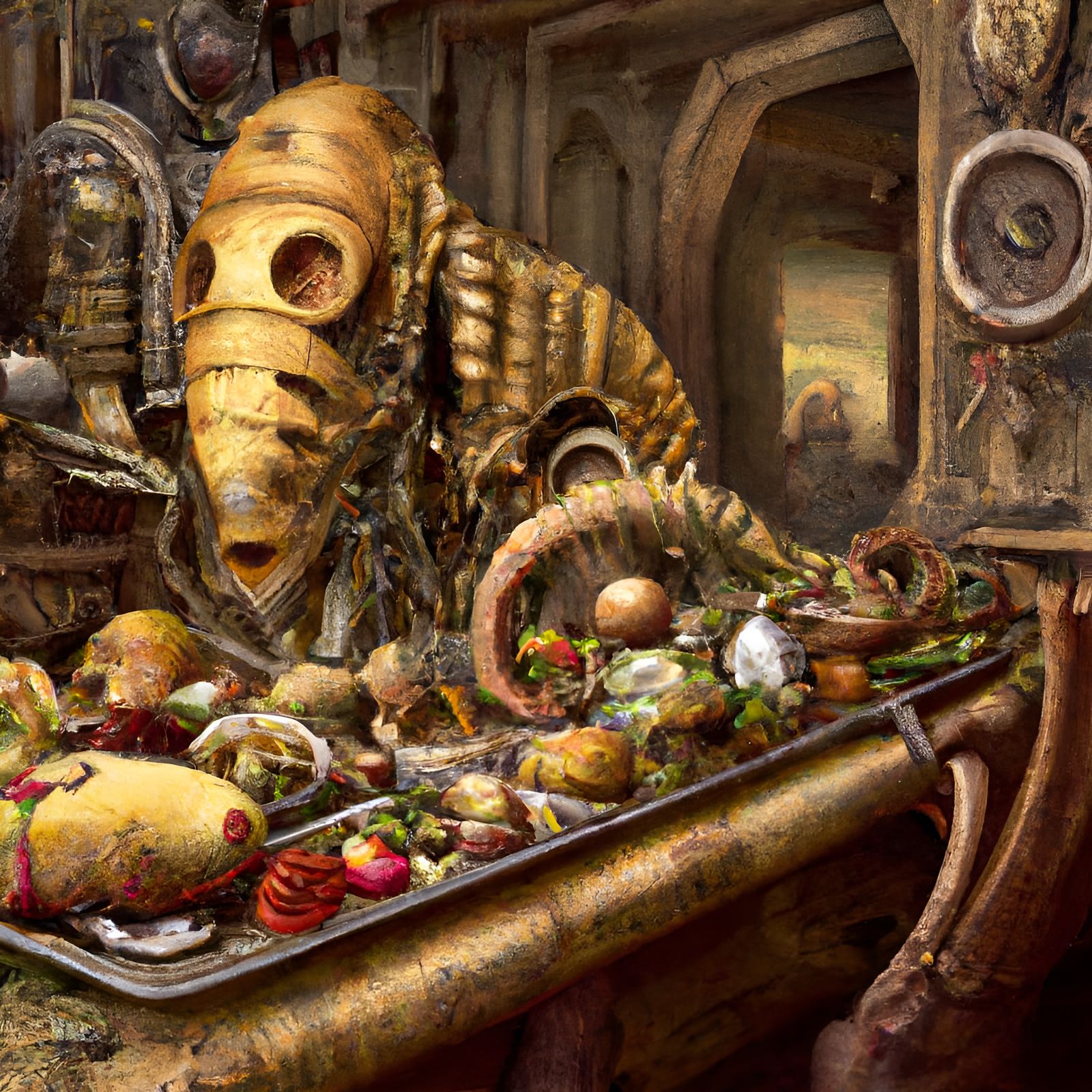 H. R. Giger aliens on buffet table. Fruits vegetables pastri...