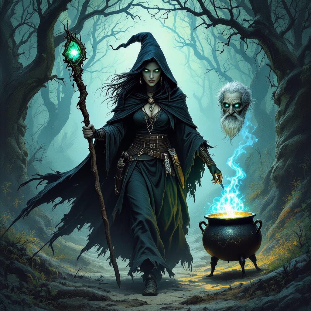 The picture is made in the style of dungeons and dragons.
1. The Witch
A witch with dark hair and green eyes. She lived in the woods for man...