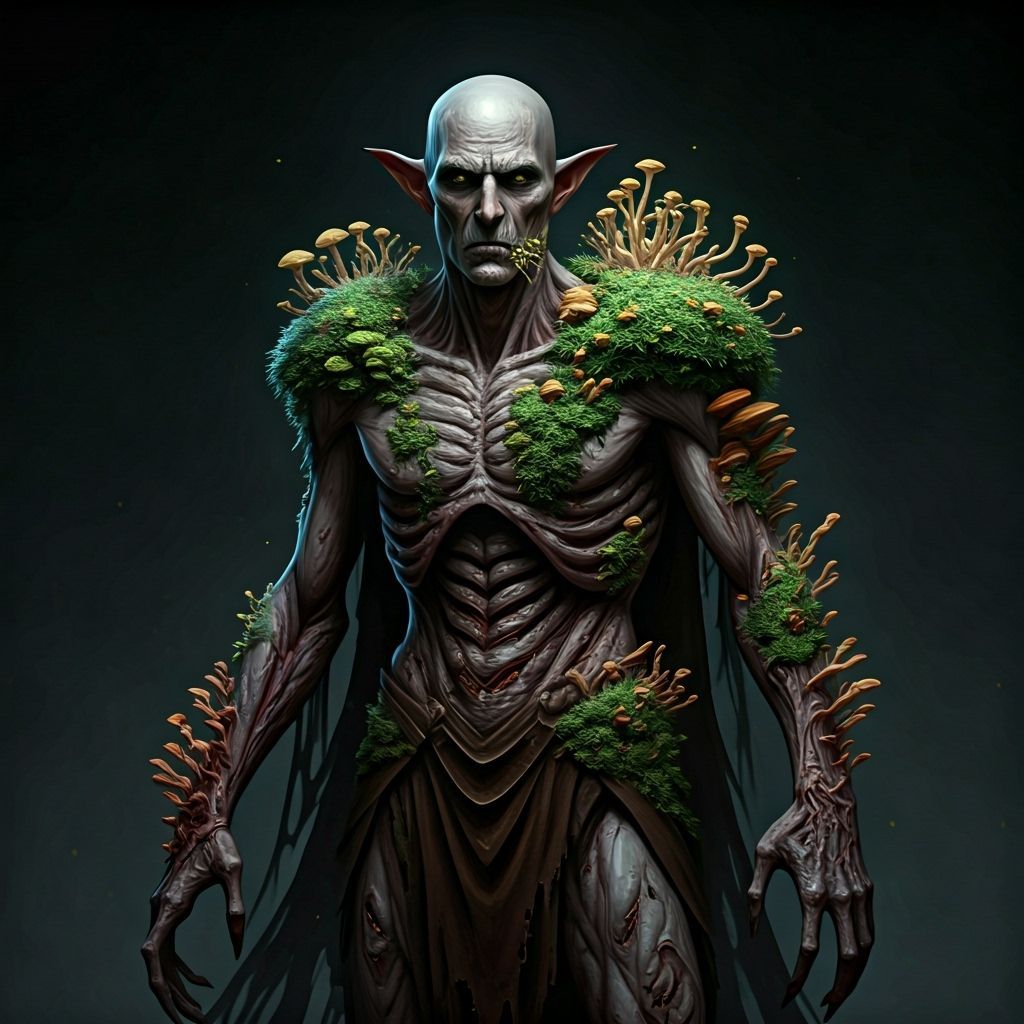 Thrain is a dark elf whose body has been completely overtaken by fungi and mycelium. His skin is gray and deformed, fungi in shades of green...