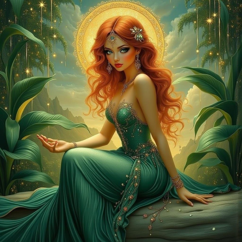 <lora:ALL THAT GLITTER:1.0> a portrait of a beautiful ginger haired woman surrounded by green leaves, glittery, shiny, glowing, sparkling, p...