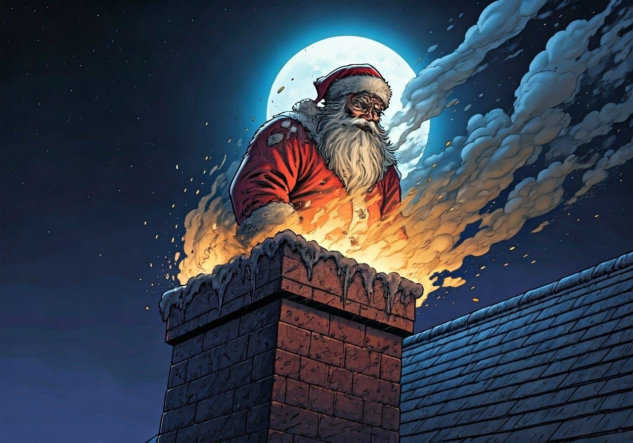 Santa Claus climbing out of a dirty chimney that is on an ol...