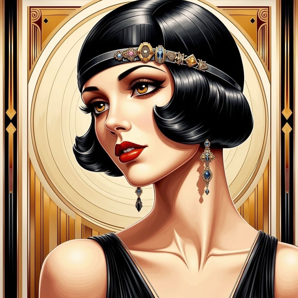 <lora:Art Deco Flux:1.0> watercolor, art deco black haired flapper, art deco background 