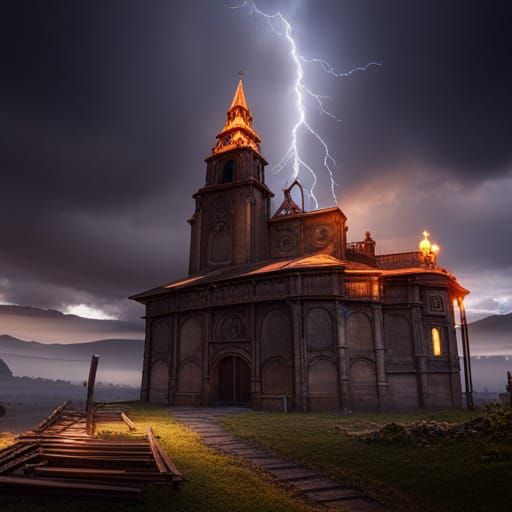 stormcloud, lightning, church, fire in background